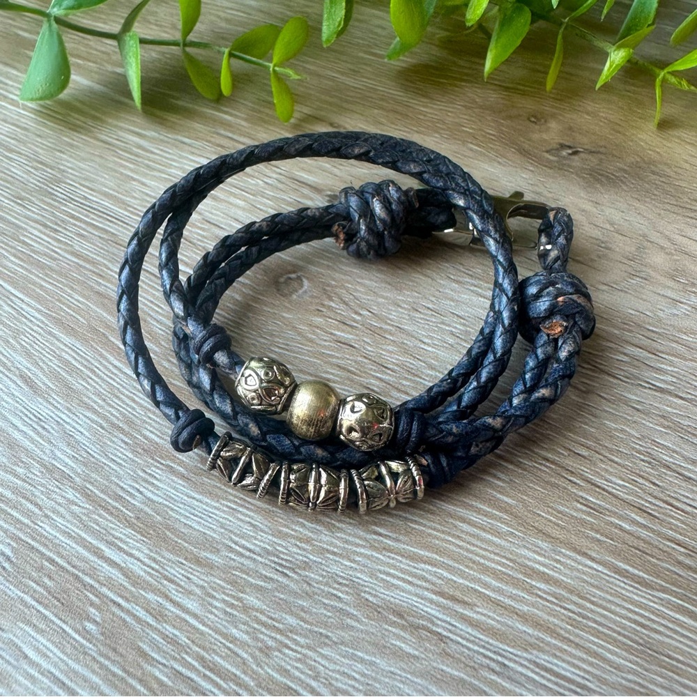 Lizzy James Blue Leather Wrap Bracelet with Silver Floral Beads